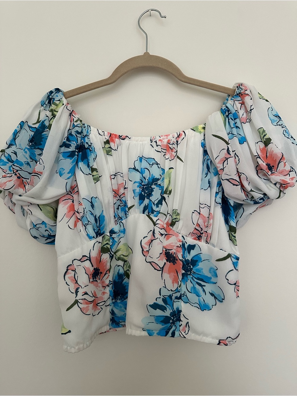 Floral Puff Sleeve Top - White with Blue & Pink Floral - Abercrombie